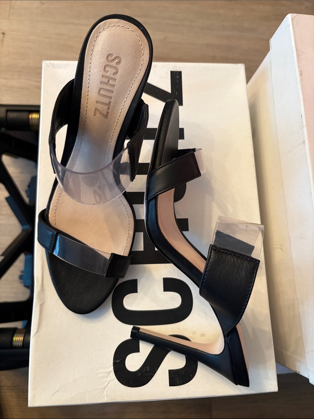 SCHUTZ Black and Clear Strap Stiletto Sandals new 84